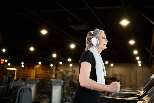 позитивная довольно зрелая женщина в уютной одежде тренировки на беговой дорожке и прослушивания музыки в наушниках - Фото, изображение