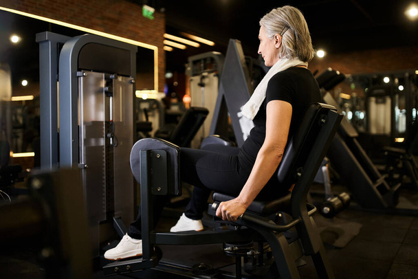 atractiva mujer madura positiva en entrenamiento de ropa deportiva activamente en la máquina de becerro, mientras que en el gimnasio - Foto, imagen