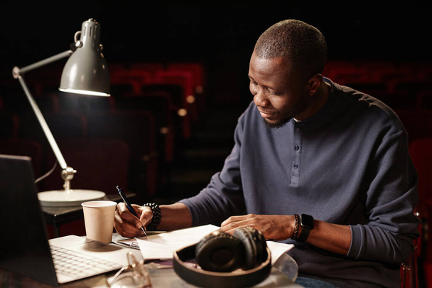 Retrato do homem afro-americano como diretor de teatro tomando notas e lendo espaço de cópia de roteiro - Foto, Imagem
