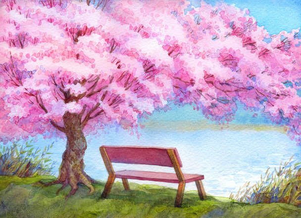 水彩の風景。開花桃の木の下で川沿いのベンチ - 写真・画像