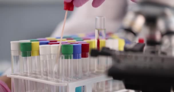Vědec chemik zkoumá vzorek DNA z bavlněného tamponu pod mikroskopem detailní 4k film zpomalený film. PCR diagnostika koncepce covid19 - Záběry, video
