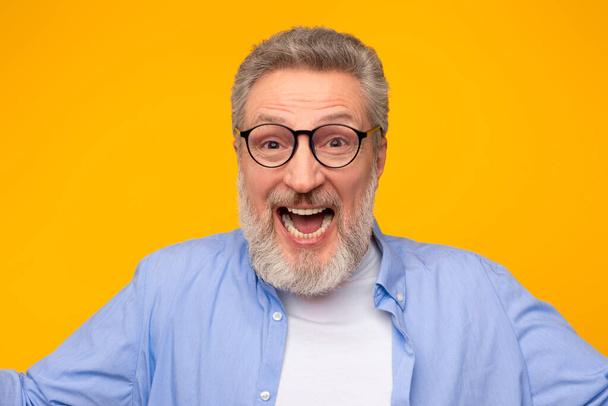 Una persona anziana gioiosa. Headshot di gioioso uomo maturo con i capelli grigi e la barba, guardando la fotocamera e ridendo, esprimendo eccitazione e positività su sfondo studio giallo - Foto, immagini