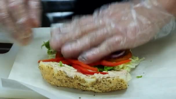 Sandwich praparation. Adding sweet onion and paper - Felvétel, videó