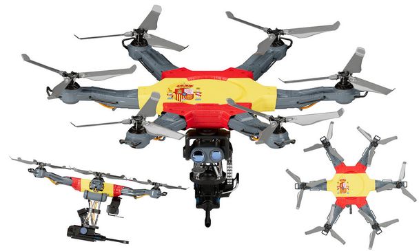 Una disposición dinámica de vehículos aéreos no tripulados con la llamativa bandera negra, roja y amarilla de España sobre un fondo oscuro. - Foto, Imagen