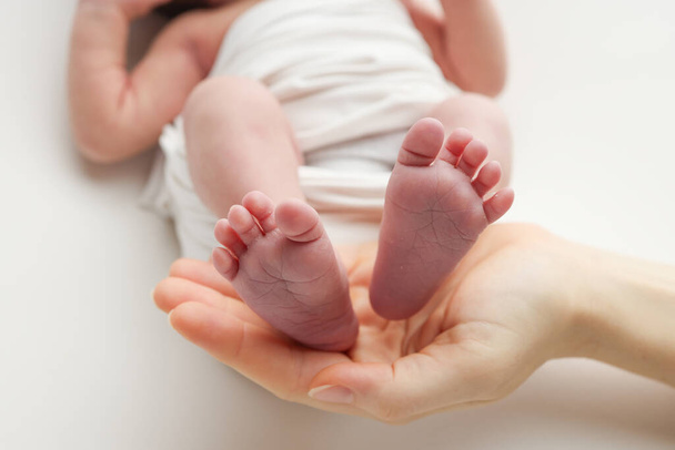 Οι παλάμες του πατέρα, η μητέρα κρατούν το πόδι του νεογέννητου μωρού σε μια λευκή κουβέρτα. Τα πόδια του νεογέννητου στις παλάμες των γονιών. Studio μακροεντολή φωτογραφία από ένα παιδί δάχτυλα, τακούνια και τα πόδια.  - Φωτογραφία, εικόνα