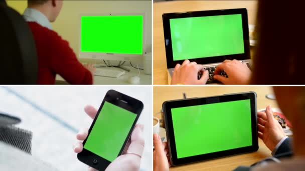 4K MONTAGE (4 VIDEOS) - dispositivos tecnológicos pantalla verde - 4 plataformas: ordenador (PC), ordenador portátil (portátil), smartphone (teléfono móvil) y tableta
 - Metraje, vídeo