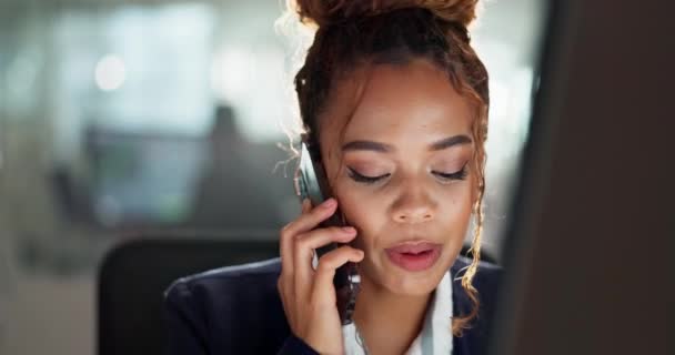 Phone call, business woman and desk with a professional consultant talking and networking at work. Mobile, conversation and virtual assistant with helping and answer question with communication. - Footage, Video