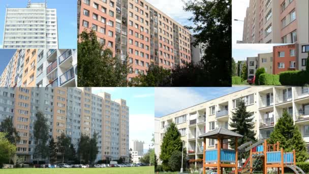 4k montage (compilatie)-woonruimte (hoogbouw blok van flats) met natuur en parkeerplaats-mensen - Video