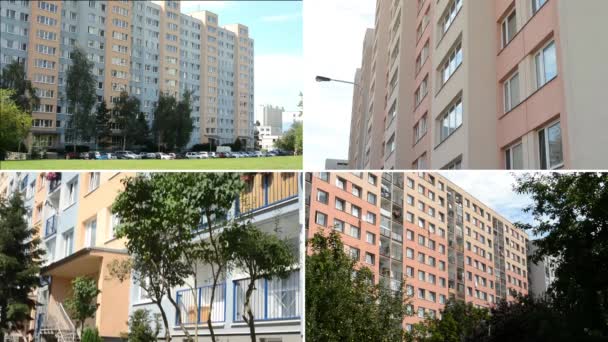 4K montaż (kompilacja)-osiedle mieszkaniowe (wysoki-wzrost bloków mieszkań) z naturą i parking-ludzie - Materiał filmowy, wideo