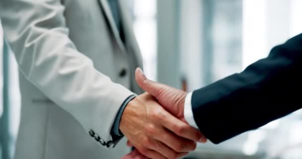 Meeting, shaking hands and deal with business people in office for interview, welcome or b2b onboarding. Partnership, handshake and men in planning for proposal agreement, consulting or collaboration. - Footage, Video