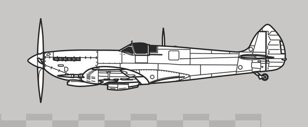 スーパーマリン スピットファイア Mk IX。 WW2イギリスの戦闘機のベクトル図面. サイドビュー。 イラストとインフォグラフィックの画像. - ベクター画像