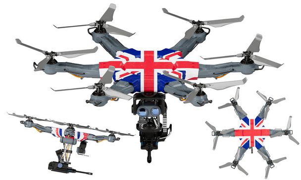 Une disposition dynamique de véhicules aériens sans pilote mettant en vedette le noir, le rouge et le jaune frappants du drapeau du Royaume-Uni sur un fond sombre. - Photo, image