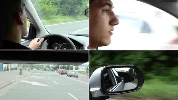 Montage 4K (compilation) - Un homme conduit une voiture - rue urbaine en arrière-plan - tour dans la voiture - réflexion dans le rétroviseur
 - Séquence, vidéo