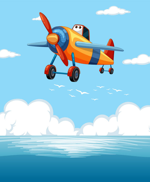 Animowany samolot lecący nad oceanem z chmurami. - Wektor, obraz