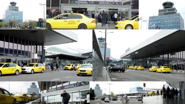 Praag, Tsjechië-april 2014:4k montage (compilatie)-Luchthaven Praag-mensen buiten de luchthaven (gebouw) met taxi auto's-controle toren-toegang tot de luchthaven enz. - Video