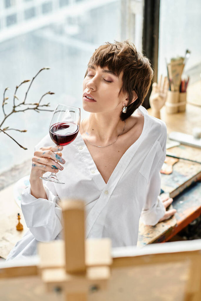 Žena vyzařuje sofistikovanost, zatímco elegantně drží sklenici červeného vína. - Fotografie, Obrázek