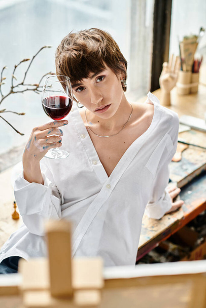 Стильная женщина с бокалом красного вина. - Фото, изображение