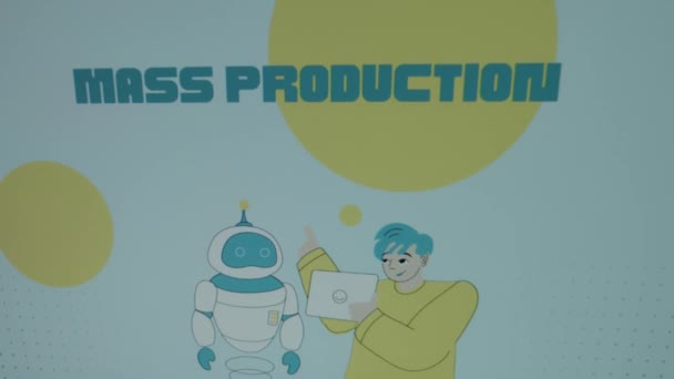 Надпись массового производства на синем фоне с большими желтыми точками. Графическая презентация с анимированным молодым ученым, говорящим с роботом как с символом прогрессирующих технологий. Концепция производства - Кадры, видео