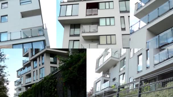 4K μοντάζ (μεταγλώττιση)-μοντέρνο κτίριο-μπαλκόνι-παράθυρα-μπλε του ουρανού-φύση - Πλάνα, βίντεο