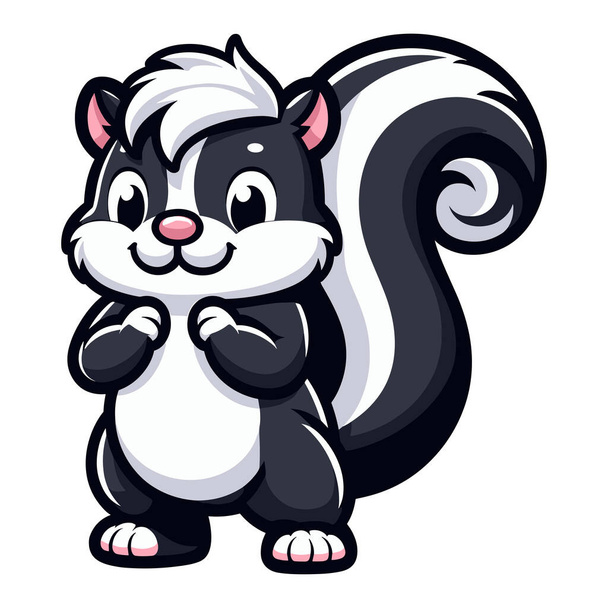Carino Skunk mascotte cartone animato personaggio disegno illustrazione, puzzola con una grande coda soffice e striscia bianca nera lungo il corpo. Modello vettoriale isolato su sfondo bianco   - Vettoriali, immagini
