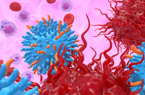 Terapia de células T CAR en tumor neuroendocrino (NET) - vista de cerca ilustración 3d - Foto, imagen