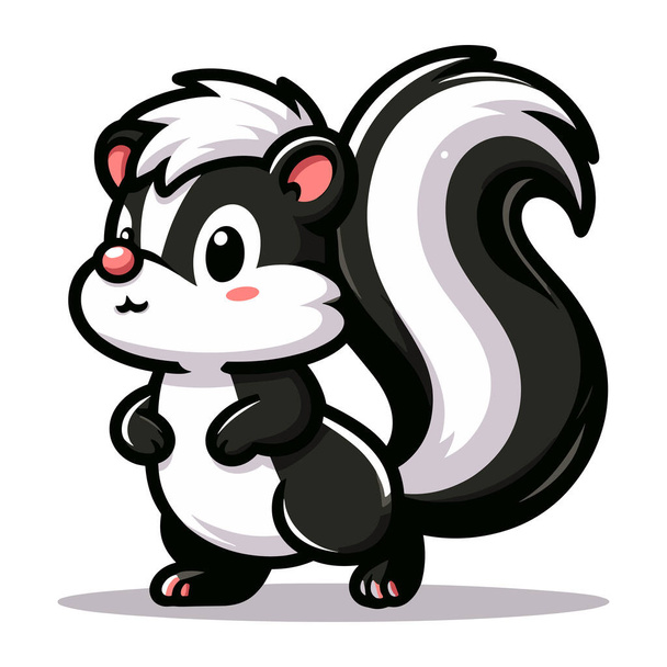 Skunk cartone animato mascotte personaggio vettoriale illustrazione, skunk carino con una grande coda soffice e striscia bianca nera lungo il corpo. Modello di design isolato su sfondo bianco  - Vettoriali, immagini