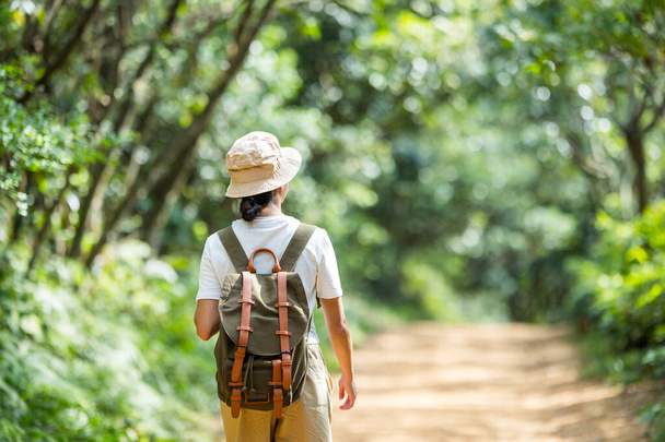 Femme active faire de la randonnée et marcher le long du sentier en forêt - Photo, image