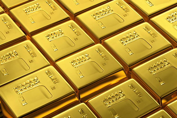lingotti d'oro, primo piano di un prezioso lingotto d'oro. lingotti d'oro impilati in piramide su sfondo bianco. Rendering 3D. - Foto, immagini