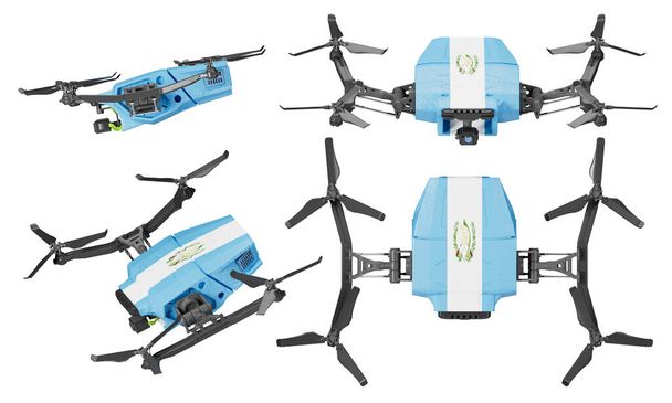 This image presents a fleet of advanced drones, each one featuring the distinctive sky blue and white of the Guatemalan flag, set against a dark backdrop, accentuating their sleek design and the patriotic theme. - Photo, Image