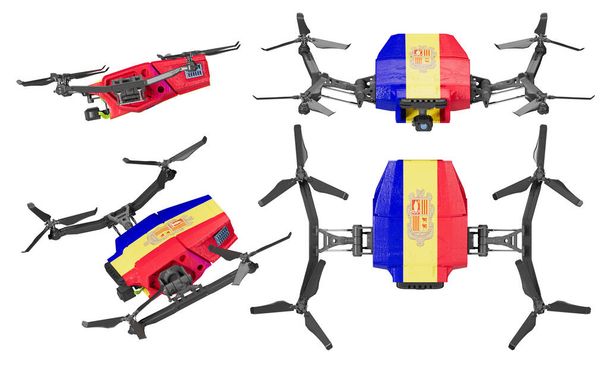 Это поразительное изображение запечатлевает четыре беспилотника с ярким красным, желтым и синим флагом Андорры, демонстрируя дух нации, переплетающийся с передовыми воздушными технологиями. - Фото, изображение
