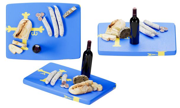 Genießen Sie den Geschmack Asturiens mit traditionellem Wurstwaren, herzhaftem Brot und einer robusten Flasche Wein, alles auf der blauen Flagge mit dem Siegeskreuz - Foto, Bild