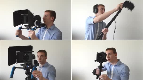 4k Montage (Kompilation) - Mann mit professioneller Kamera (Steadicam) und Tontechniker nimmt Ton auf - Filmmaterial, Video