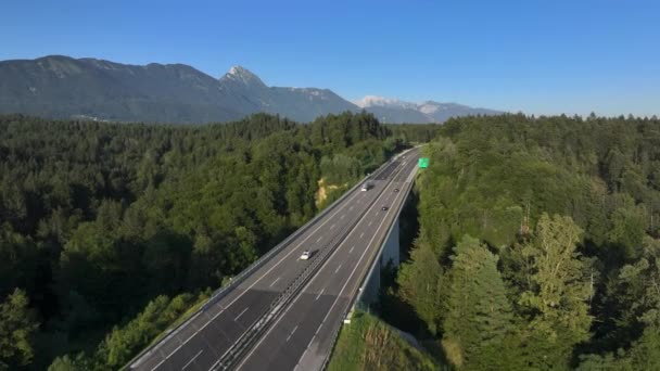 AERIAL: Ein szenisches Drohnenvideo von Autos, die über eine Autobahnbrücke in einer grünen, malerischen Landschaft fahren. Eine Fernlichtbrücke überspannt einen saftig grünen Wald. Im Hintergrund erheben sich die Alpen über das Land. - Filmmaterial, Video