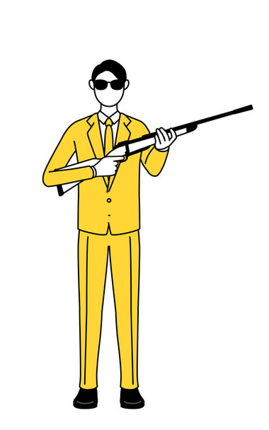 Simples linha desenho ilustração de um homem de negócios em um terno usando óculos de sol e segurando um rifle. - Vetor, Imagem