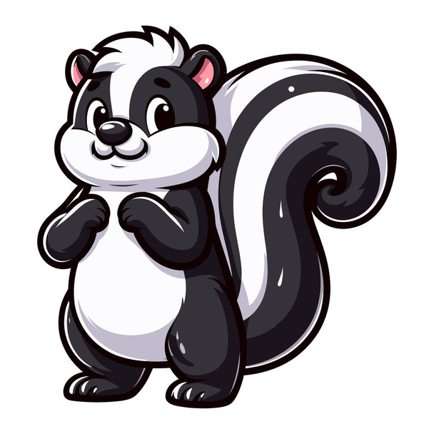 Skunk cartone animato mascotte personaggio vettoriale illustrazione, skunk carino con una grande coda soffice e striscia bianca nera lungo il corpo. Modello di design isolato su sfondo bianco  - Vettoriali, immagini