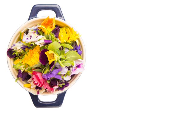 Mélanger la salade de fleurs comestibles dans une casserole bleue sur fond blanc
 - Photo, image