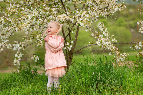 Bella ragazza bionda in abito rosa che cammina in giardino accanto al ciliegio in fiore nella soleggiata giornata primaverile - Foto, immagini