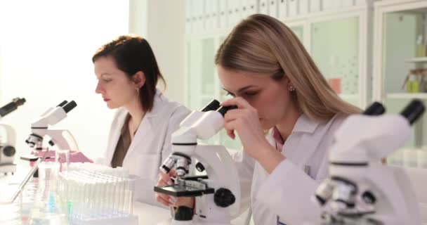 Молодые женщины-исследователи, работающие вместе в клинической лаборатории, исследуют образец под микроскопом. Научные исследования и испытания - Кадры, видео