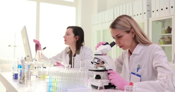 医学の科学者は科学実験室で顕微鏡の下で生物学的サンプルを検査する. 同僚とワクチンや薬物に取り組んでいる白いコートの美しい実験室エンジニア - 映像、動画