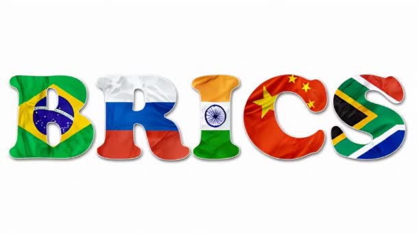 Sigla Associação BRICS do Brasil, Rússia, Índia, China e África do Sul. Bandeiras isoladas em fundo branco. Grandes mercados emergentes ou novas economias reunidas em cimeira para influenciar a nova ordem mundial - Filmagem, Vídeo