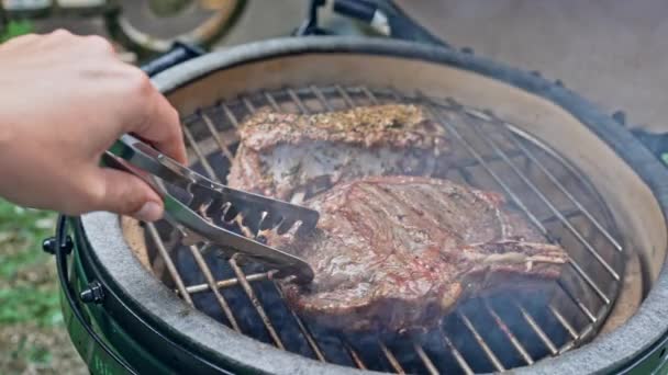 Giardino barbecue Grill Scena con girando bistecca - Filmati, video