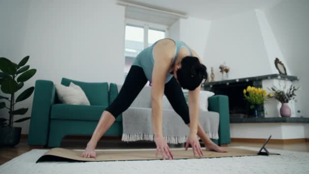 Exercício Pré-natal - Mulher grávida na sala de estar demonstrando alongamento seguro e exercícios corporais, destacando a importância da saúde física durante a gravidez - Filmagem, Vídeo