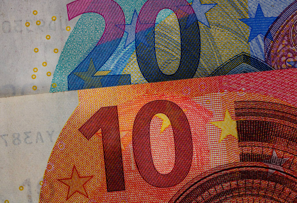 EURO para banknotları, EUR 'un detaylı fotoğrafı. Avrupa Birliği para birimi - Fotoğraf, Görsel