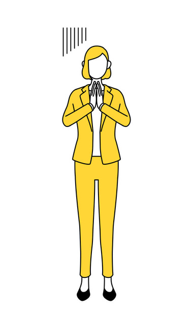 Простая строчка рисунок иллюстрации бизнесвумен в костюме извиняясь руками перед его телом. - Вектор,изображение