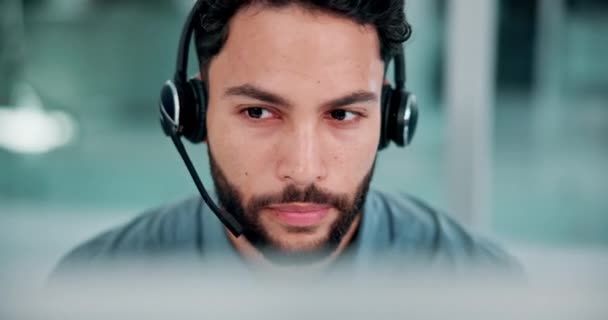Face, mic and headphones at callcenter with man for customer service, phone call and CRM with FAQ. Communication, contact us and telecom with consultant talking, help desk with tech support or sales. - Footage, Video