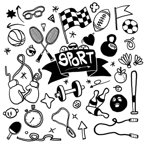 Una ilustración dibujada a mano en blanco y negro con una variedad de equipos deportivos y símbolos para proyectos temáticos de atletismo - Vector, imagen