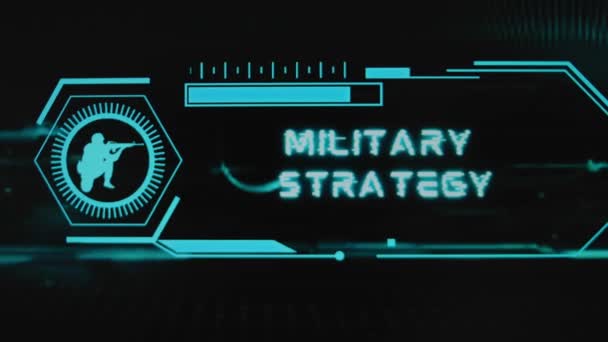 Katonai Stratégia felirat fekete háttérrel. Grafikus bemutató neonérzékelőkkel és a fegyveres katona szimbólumával. Katonai koncepció. - Felvétel, videó