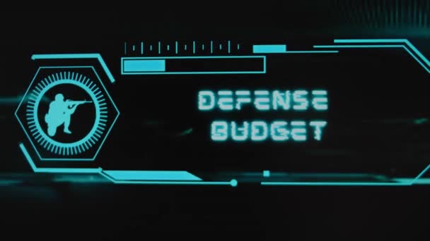Obranný rozpočet nápis na černém pozadí. Grafická prezentace s neonovými senzory s měřítkem a symbolem vojáka. Vojenský koncept. - Záběry, video