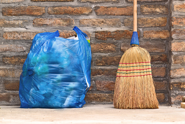 Household Broom For Floor Cleaning and Garbage Bag - Fotoğraf, Görsel