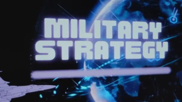 Katonai Stratégia felirat a Föld bolygó forgó hologramjának hátterére. Grafikus bemutató repülő katonai repülőgépek. Katonai koncepció. - Felvétel, videó